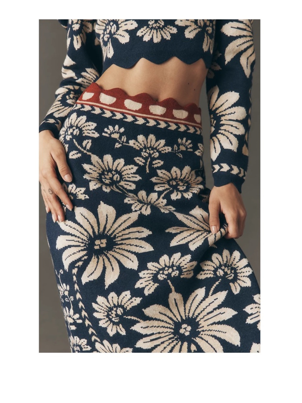 FARM Rio Luna Floral Knit Pencil Skirt Navy Cream Red Scalloped Trim Medium NWT - Picture 12 of 13